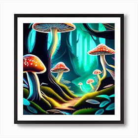 Fantasy Art: Forest With Glowing Mushrooms Art Print