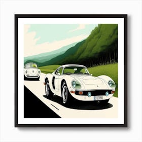 Two White Cars Racing Art Print