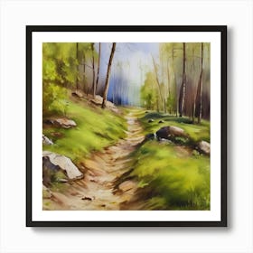 Path In The Woods.A dirt footpath in the forest. Spring season. Wild grasses on both ends of the path. Scattered rocks. Oil colors.29 Art Print