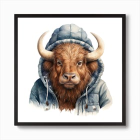 Watercolour Cartoon Bison In A Hoodie 3 Art Print