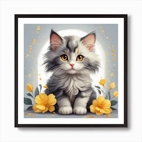 Cute Kitten With Flowers Art Print