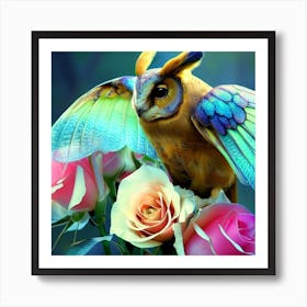 owl with Glasswinged butterfly colors, Chameleon roses  2 Art Print