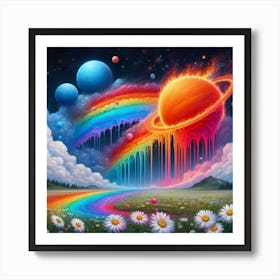 A Red Cloud, Blue Rainbow And Fiery Planets Melting Over A Field Of Daisies 2 Art Print