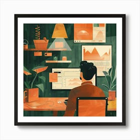 Illustration Of A Man Working At His Desk 3 Art Print