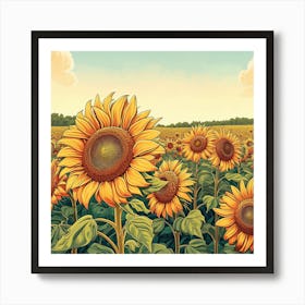 Sunflower Field Botanical Art Illustration Art Print