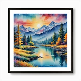 Glowing Horizons: A Surreal Alpine Scene Sunset By The River Art Print