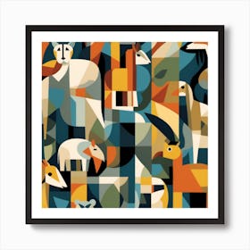 A Cubist Inspired Zoo Scene Where Various Animals From Different Habitats Are Depicted With Fragmented And Geometric Form Art Print