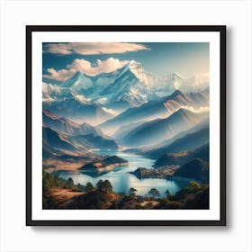 A Breathtaking View Of The Himalayas In Nepal, Showcasing The Majestic Snow Capped Peaks Under A Clear Blue Sky Art Print