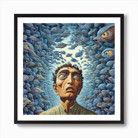 Man Surrounded By Fish And Birds Art Print