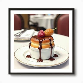 Watercolor Portrayal Of A Decadent And Creamy Chocolate Soufflé On A Stylish Restaurant Table Art Print