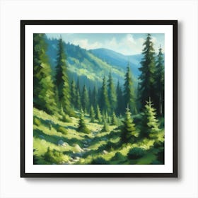 Forest And MountainLandscape, Acrylic Painting Style Art Print