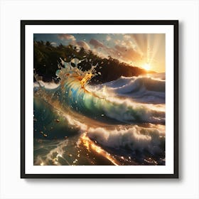 Wave Splashing At Sunset Art Print