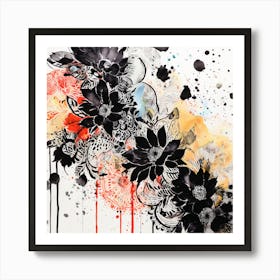 Black And White Flowers, Abstract Floral Painting, Abstract Floral Painting, Design An Eclectic Collage With Overlapping Layers Of Lace Watercolor Splatters And Black Art Print