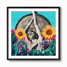 Sunflower Cactus Moon Babe Collage Square Art Print