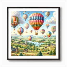 Hot Air Balloon Festival Wall Print Art A Vibrant Scene Of Colorful Hot Air Balloons Over A Scenic Countryside, Perfect For Bringing Joy And Adventure To Your Space Art Print