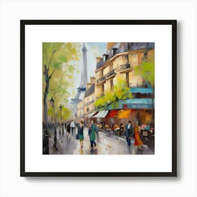 Paris Street Scene.Paris city, pedestrians, cafes, oil paints, spring colors. Art Print