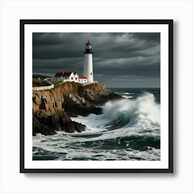 A Rugged Coastal Scene With Waves Crashing Against Dramatic Cliffs And A Lighthouse Standing Tall Art Print