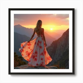 Gorgeous Woman In Watercolor Dress, Stunning Mountain Sunrise 1 Art Print