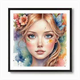 Watercolor Girl With Butterflies 1 Art Print