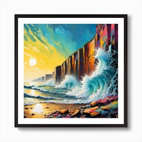 Waves Crashing Against The Cliffs Under A Sunlit Sky Art Print