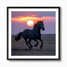 Black Horse At Sunset Art Print