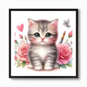Cute Kitten With Roses Art Print