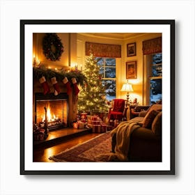 A Cozy Winter Evening By A Roaring Fireplace An Ornately Decorated Christmas Tree Situated In The C (2) Art Print