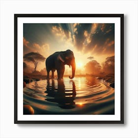 Elephant In Water At Sunset Poster