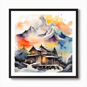 Abstract painting snow mountain and wooden hut 4 Art Print