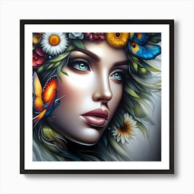 Portrait Of A Woman With Flowers 2 Art Print