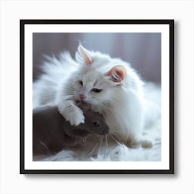 White Cat Playing With A Rat Art Print