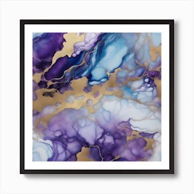 Luxury abstract fluid art painting in alcohol ink technique, mixture of blue and purple paints. Imitation of marble stone cut, glowing golden veins. Tender and dreamy design. Art Print