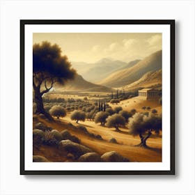 A Serene Landscape With Olive Trees And Rolling Hills (1) Art Print