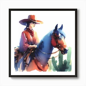 Watercolor Cowgirl Riding A Horse Art Print