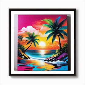 Sunset With Palm Trees Art Print