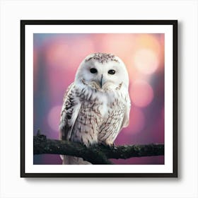 Firefly Owl, Soft, Peaceful, Smile, White, Wings, Down, Black, Big Eyes, Perched, Twig, Bokeh, Pink, (1) Art Print