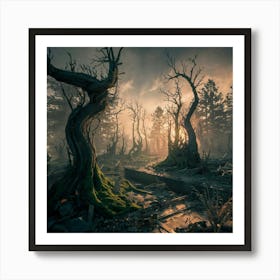 reclaims ,Explore the Enigmatic Beauty of a Post-Apocalyptic Forest: Twisted Trees, Charred Remnants, and Nature's Resilience. 🌲📸 #PostApocalyptic #ForestScene ##reclaims#NaturePhotography Art Print