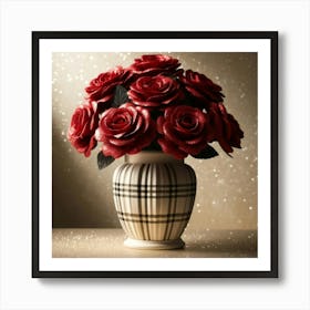 Red Roses In A Cream Plaid Vase Art Print