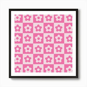 Checkered Hot Pink and White Retro Flowers Art Print