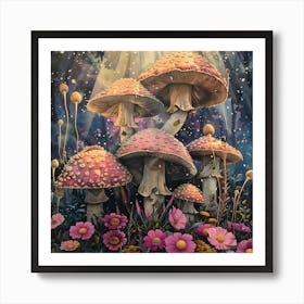 Mushrooms And Flowers, Pop Surrealism, Lowbrow Art Print