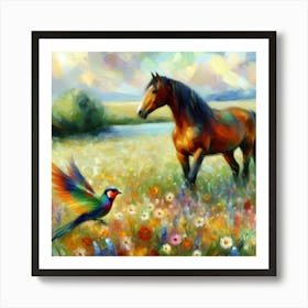 Horse And Parrot Art Print