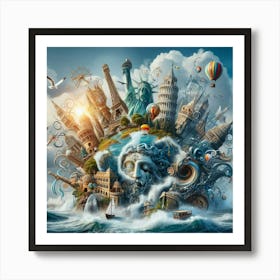 Surreal Digital Collage Merging Iconic Landmarks From Around The World With Whimsical Elements, Style Digital Surrealism 2 Art Print