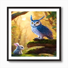 Owl And Rabbit In The Forest Art Print