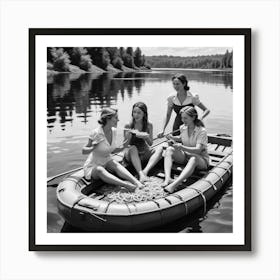 Eating Pasta on a Lake, Three Women On Raft, Funny Black and White Vintage Photo Art Print 3 Art Print