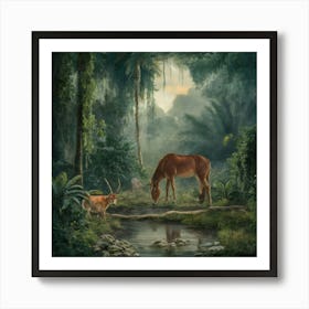 Horse And Deer In The Jungle Art Print