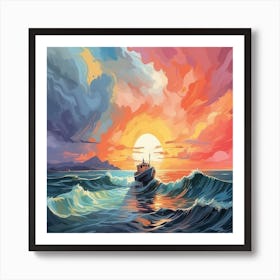 Sunset Boat In The Sea Art Print