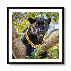 Black Jaguar With Gold Necklace Perched In Tree Art Print