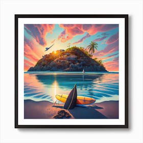A wonderful view of the seashore and an island appearing on the horizon at sunset Art Print