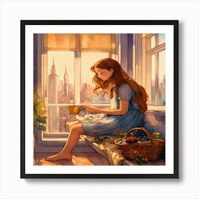 Girl Sitting On A Window Sill Art Print