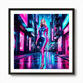 Neon Girl In A Futuristic City Art Print